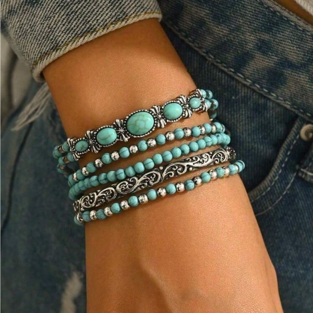 Free People Turquoise Beaded and Silver-Tone Stackable Bracelet Set